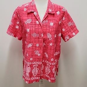 Dee California Blouse/Top Fish Seashells Starfish Button Front Collar Women's L